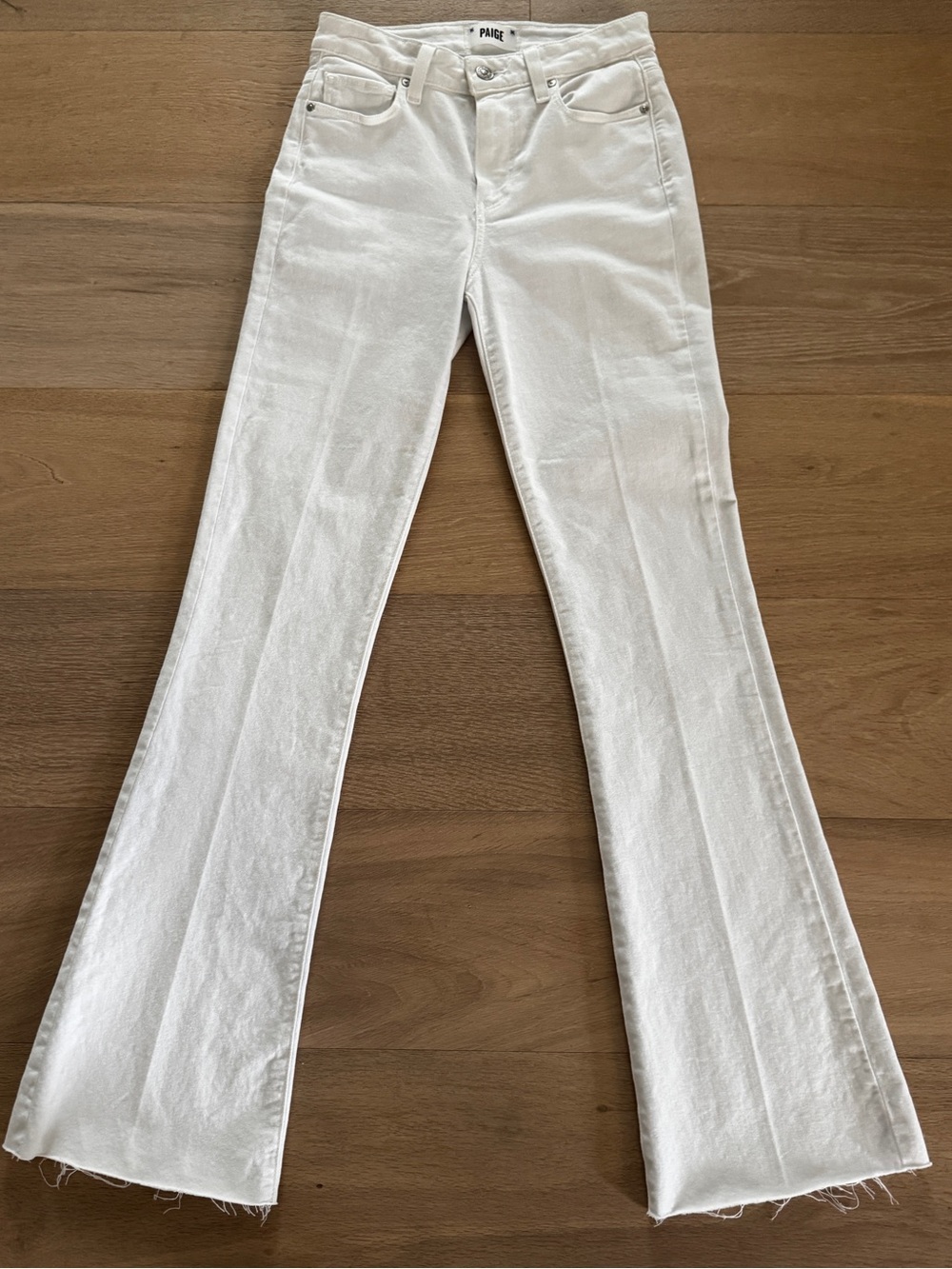 PAIGE Laurel Canyon White High-Rise Raw Hem Bootcut Jeans